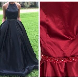 🟤NWT NOVIA Plus Halter Sequined-Sash Satin Dress with Pockets in Deep Red